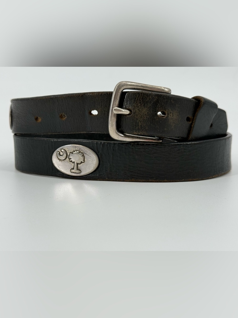 Vintage 90s South Carolina Worn Distressed Black Leather Belt Medallions 38